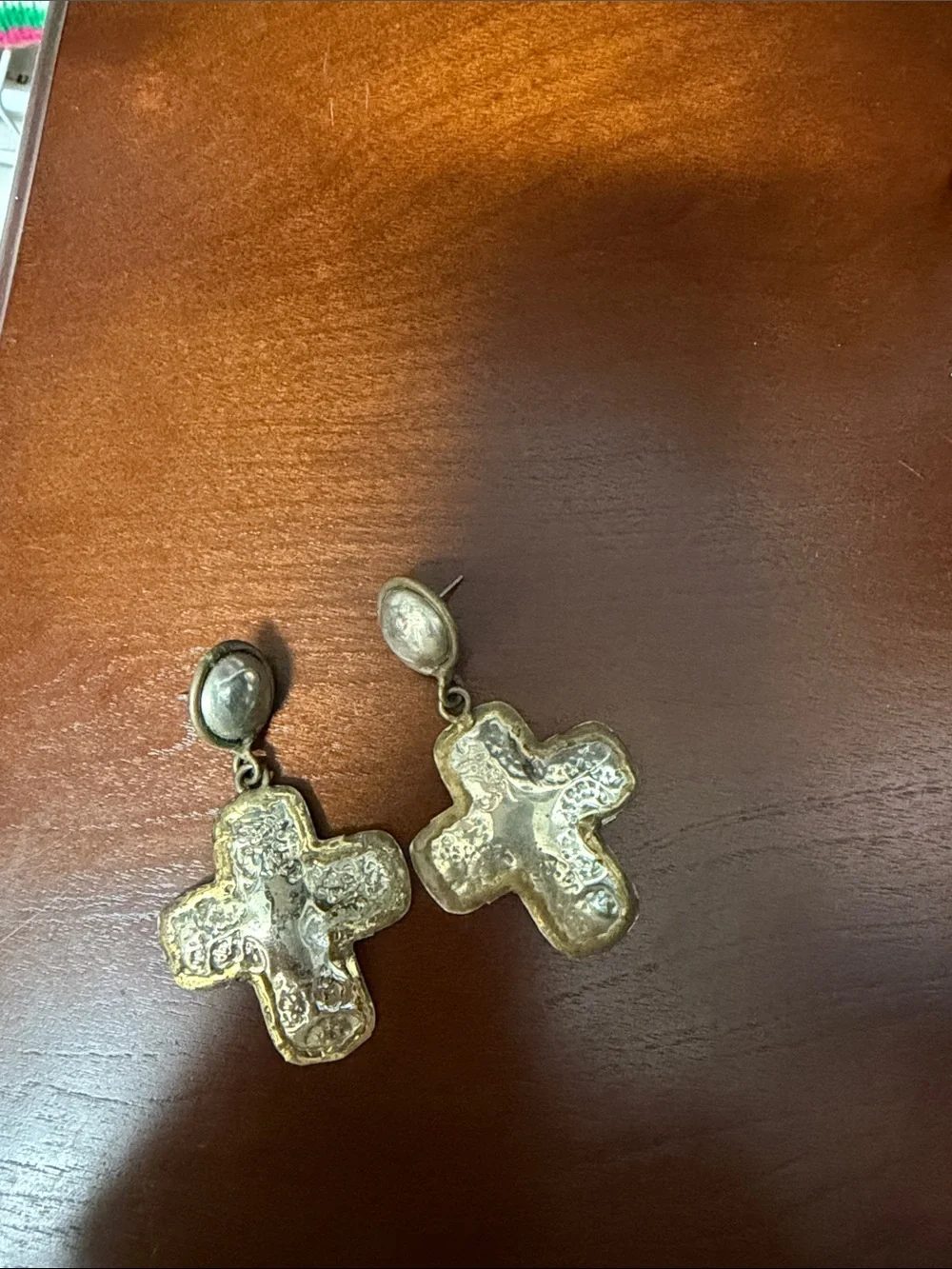 Hammered Cross Drop Earrings in Gold Tone 1990’s